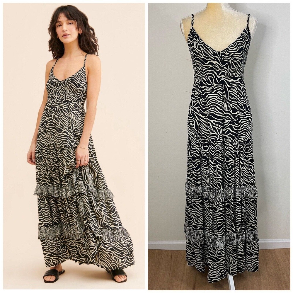 Anthropologie LUSANA Marise Tiered Maxi Dress Size L Zebra Print Boho